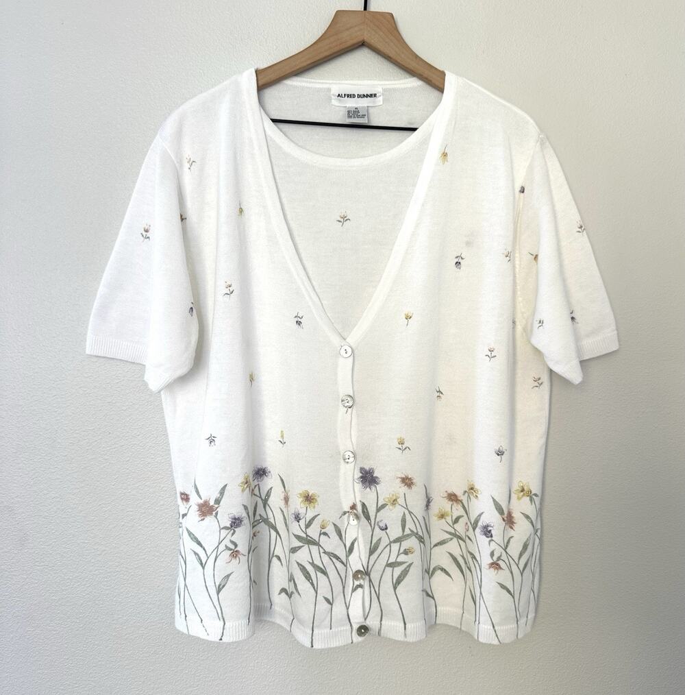 Vintage 90s Floral Beaded Faux Cardigan Alfred Dunner Size XL cottage Grandma